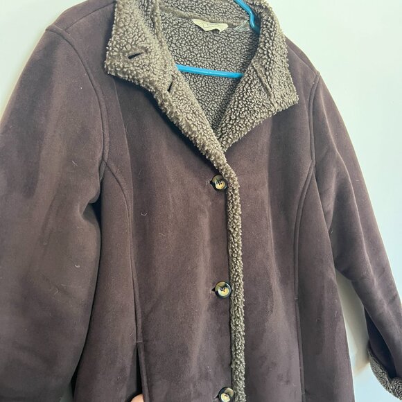 LL Bean Faux Suede Long Sherpa Lined Coat, Medium - Picture 3 of 6